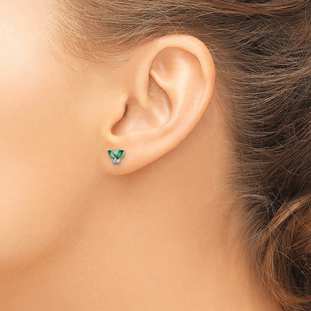 925 Sterling Silver Rhodium-plated Green & White CZ Butterfly Post Earrings - Picture 3 of 4